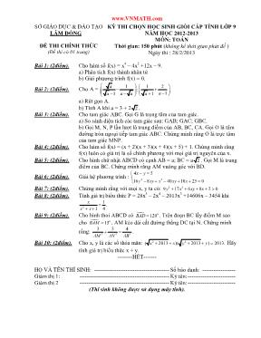 Đề thi chọn học sinh giỏi cấp tỉnh khối 9 năm học 2012 - 2013 môn toán